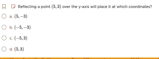 reflecting a point (5, 3) over the y-axis will place it at which coordi…