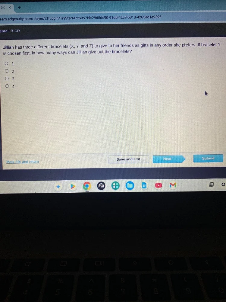 jillian has three different bracelets (x, y, and z) to give to her frie…