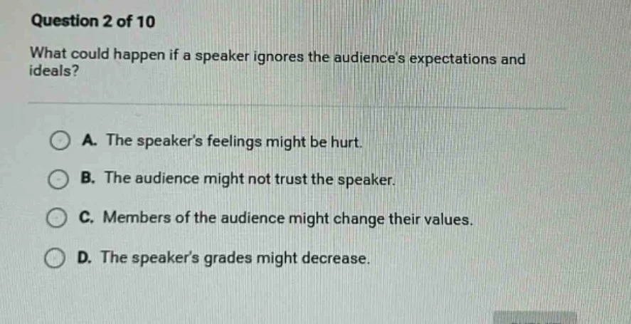 question 2 of 10 what could happen if a speaker ignores the audiences e…