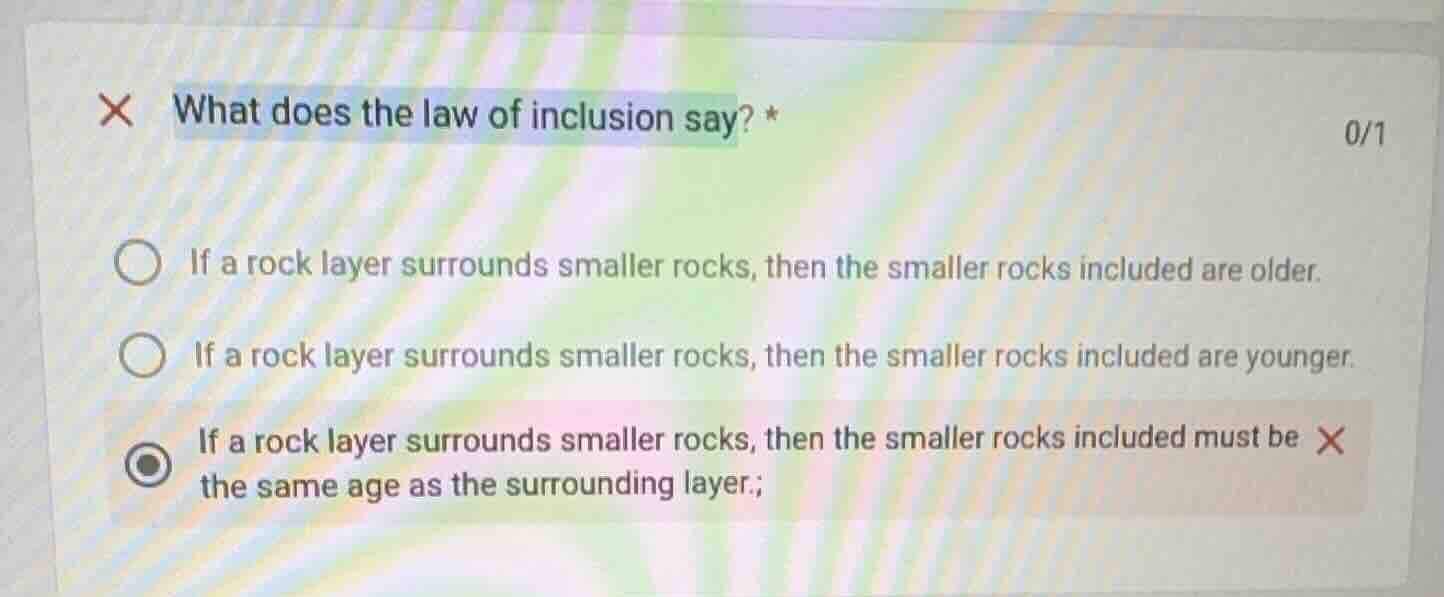 what does the law of inclusion say? * 0/1 if a rock layer surrounds sma…