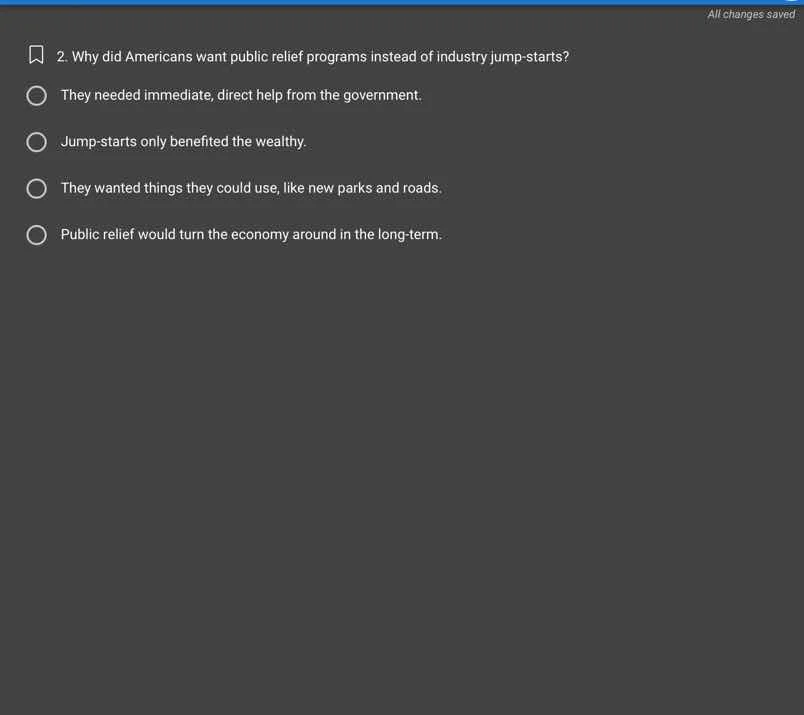 2. why did americans want public relief programs instead of industry ju…
