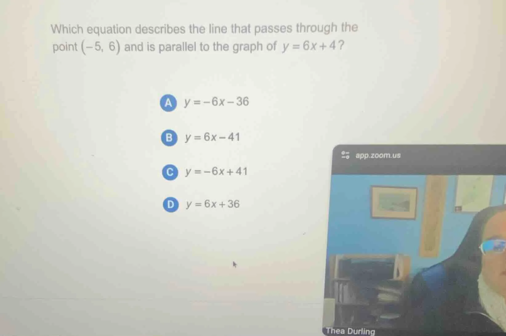 which equation describes the line that passes through the point $(-5, 6…