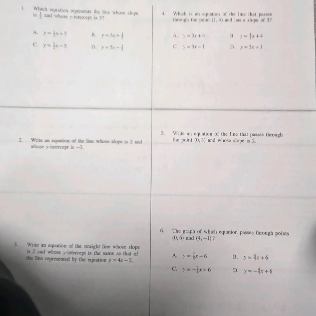 1. which equation represents the line whose slope is $\frac{1}{2}$ and …