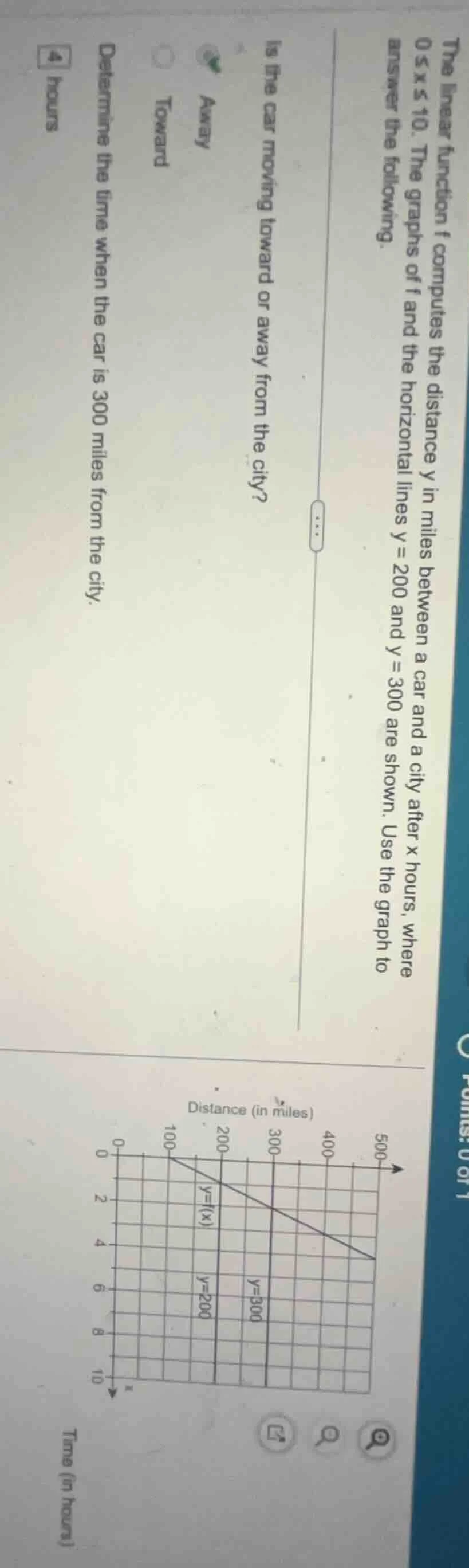 the linear function f computes the distance y in miles between a car an…