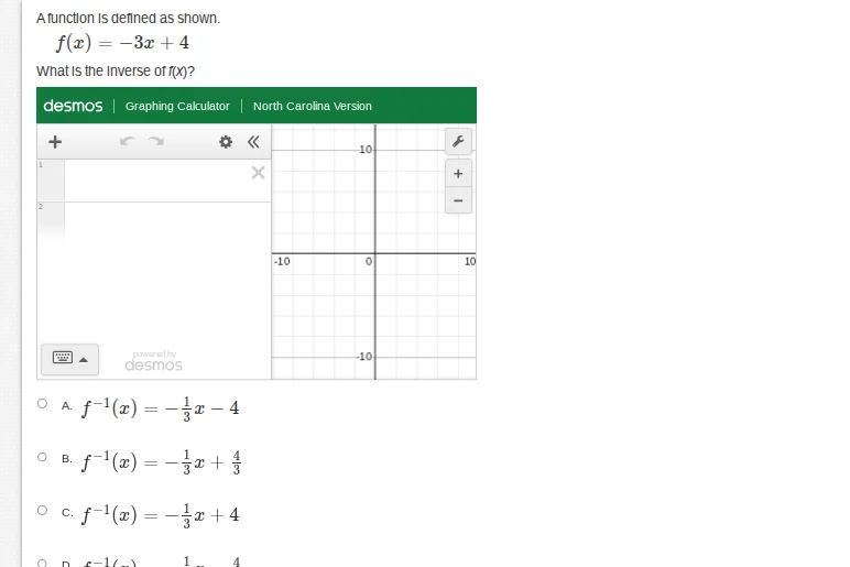 a function is defined as shown.$f(x) = -3x + 4$what is the inverse of $…