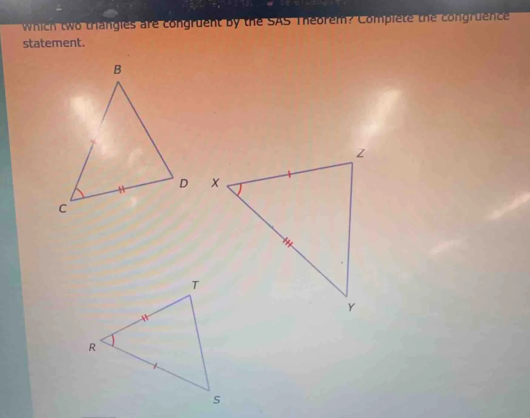 which two triangles are congruent by the sas theorem? complete the cong…