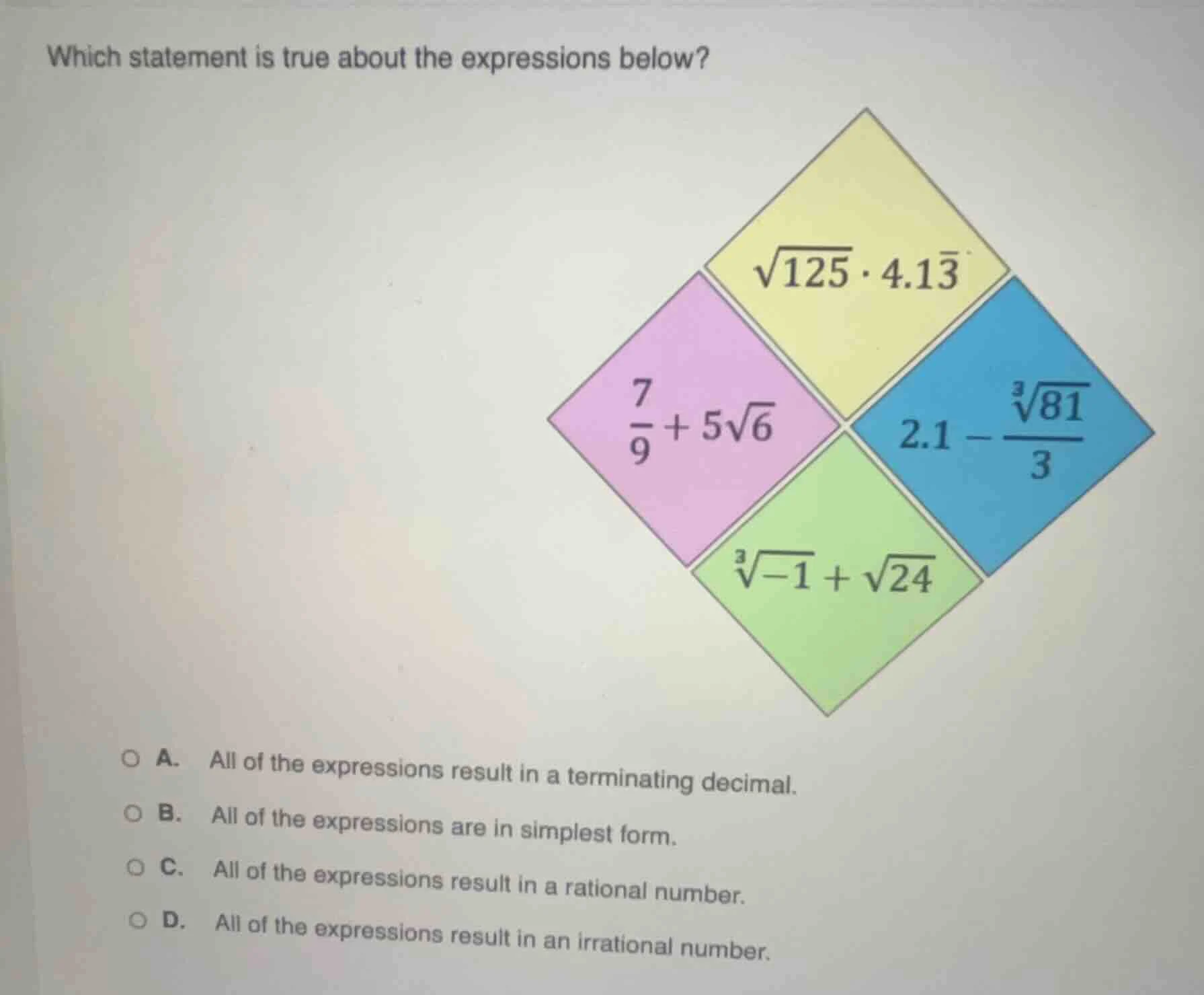 which statement is true about the expressions below?$sqrt{125} cdot 4.1…