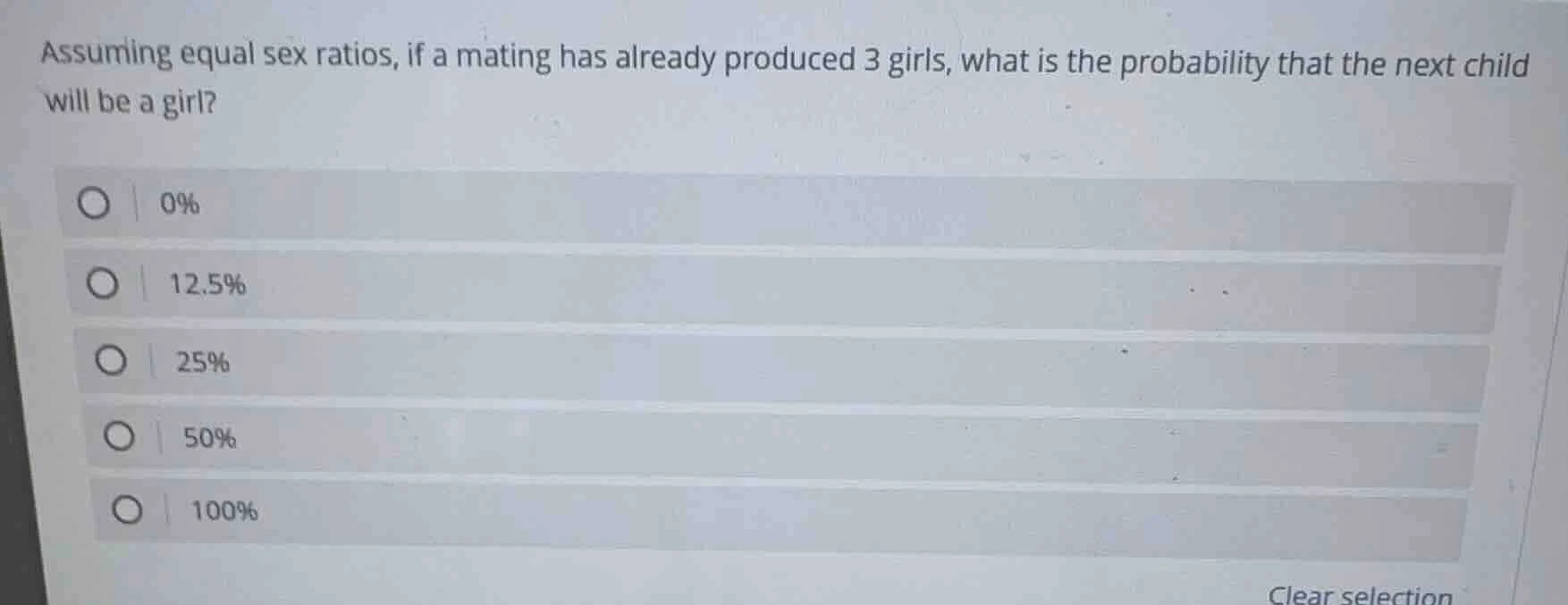 assuming equal sex ratios, if a mating has already produced 3 girls, wh…