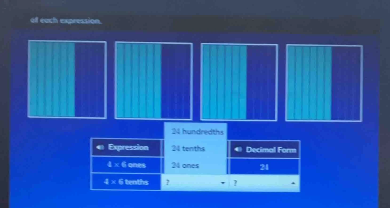 of each expression. expression $4 \\times 6$ ones $4 \\times 6$ tenths …