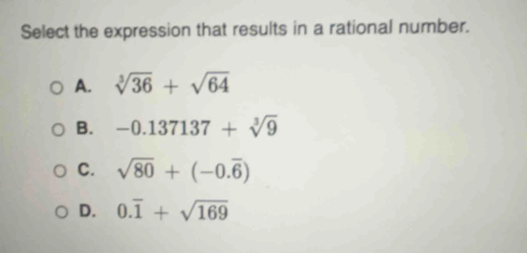 select the expression that results in a rational number. a. $sqrt3{36} …
