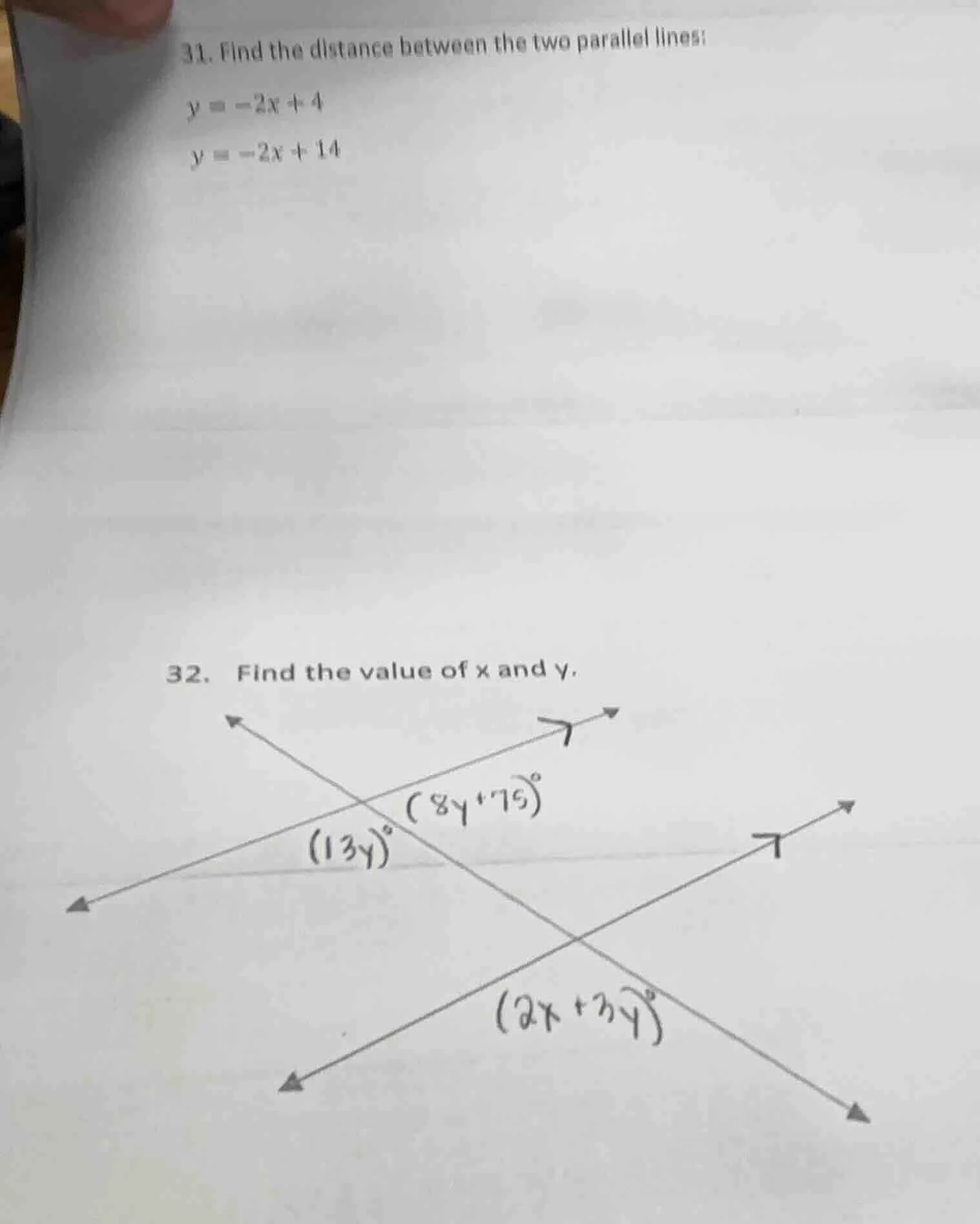 31. find the distance between the two parallel lines: $y = -2x + 4$ $y …