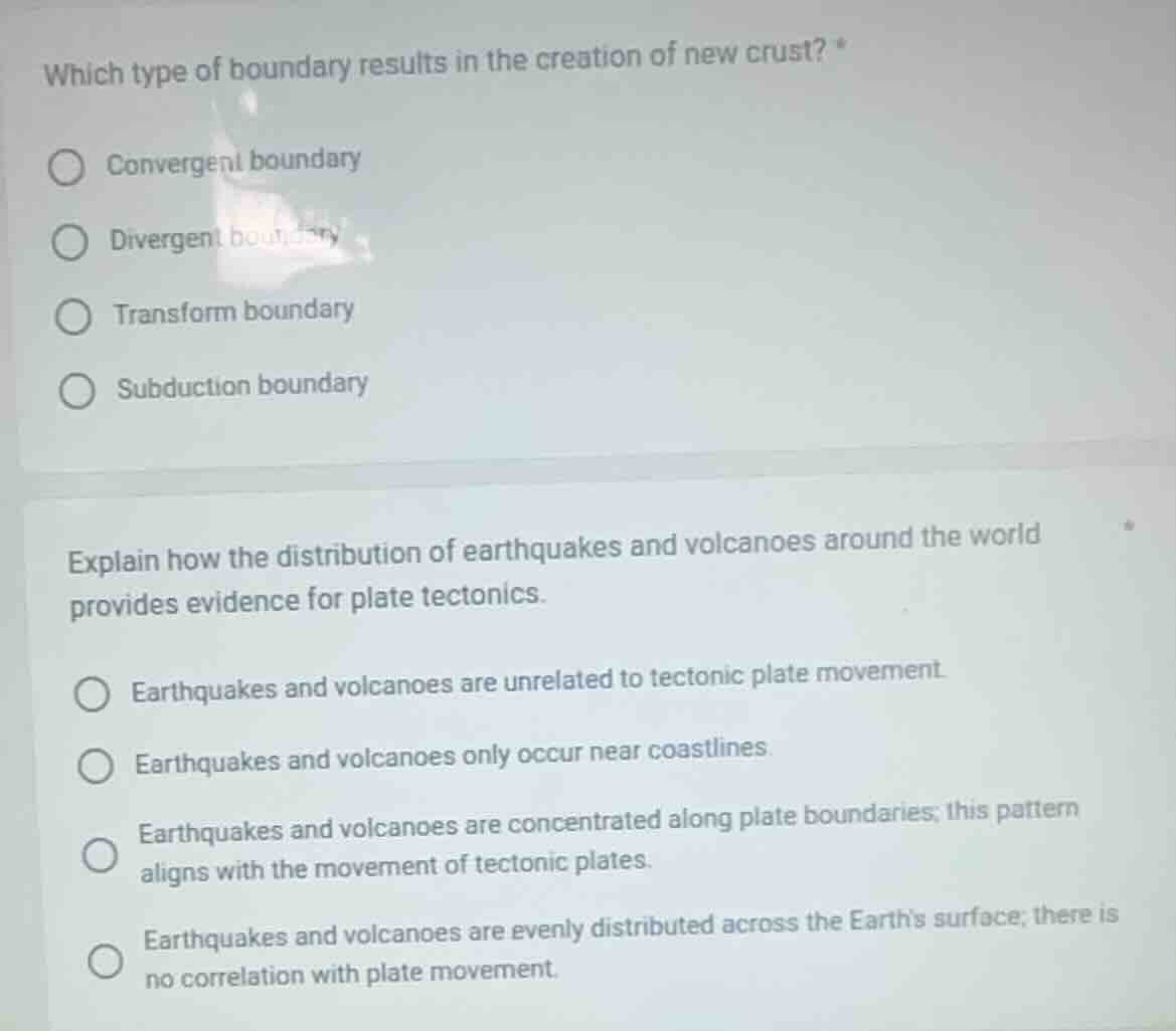 which type of boundary results in the creation of new crust? *convergen…