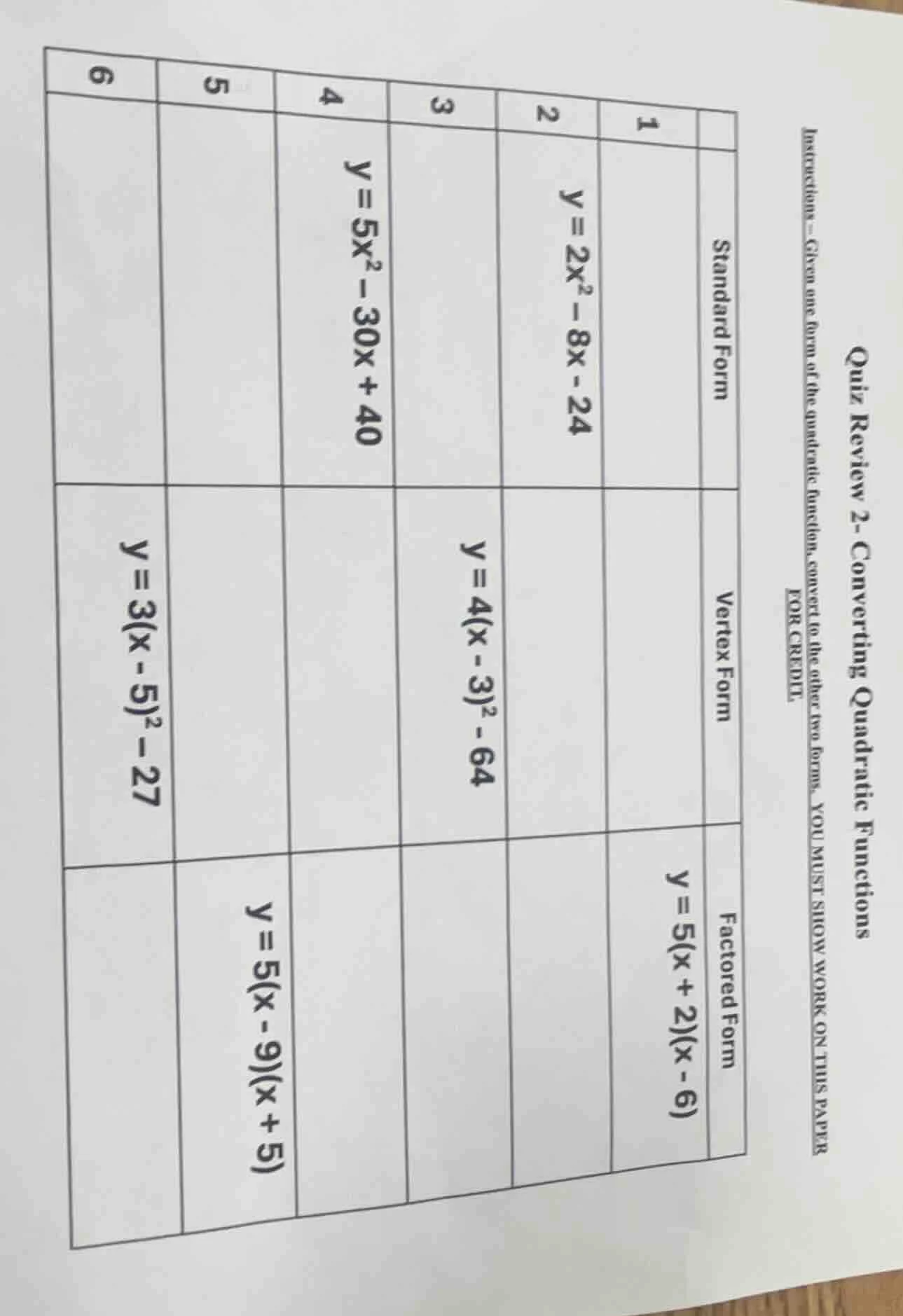 quiz review 2- converting quadratic functions instructions - given one …