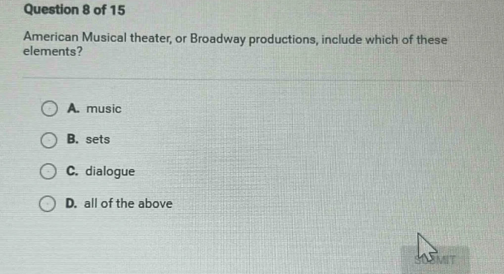 question 8 of 15 american musical theater, or broadway productions, inc…