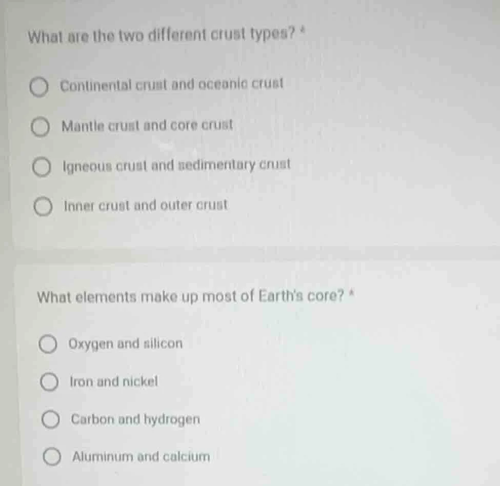 what are the two different crust types? *○ continental crust and oceani…