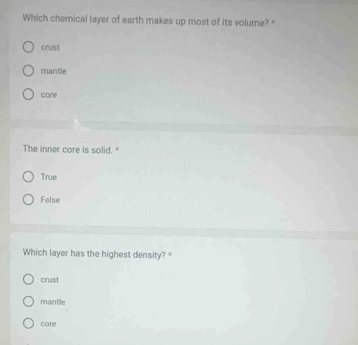 which chemical layer of earth makes up most of its volume? *○ crust○ ma…