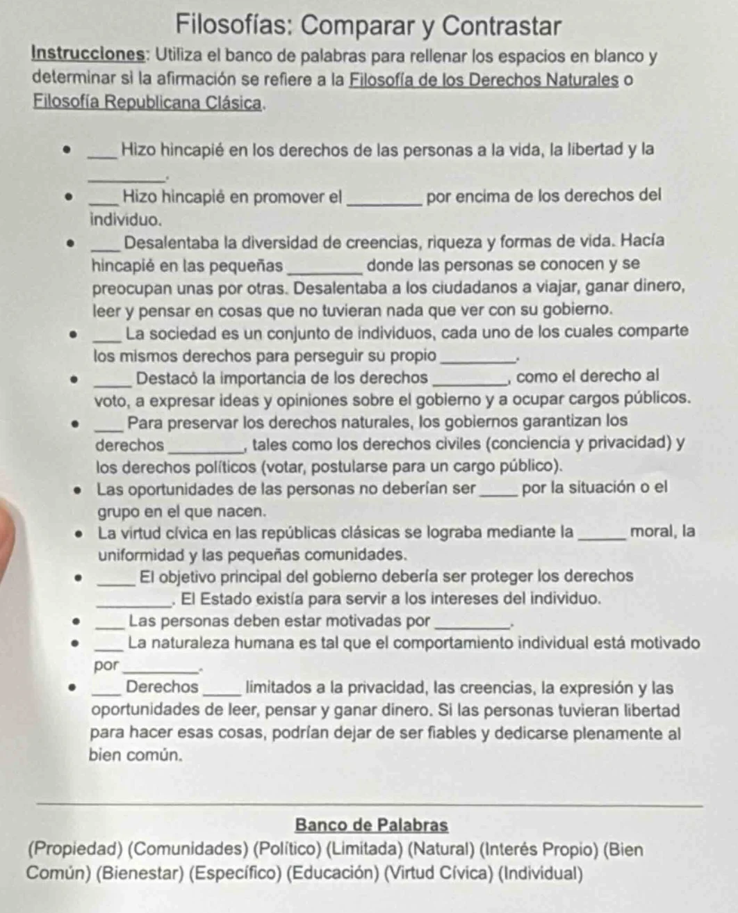 filosofías: comparar y contrastar instrucciones: utiliza el banco de pa…
