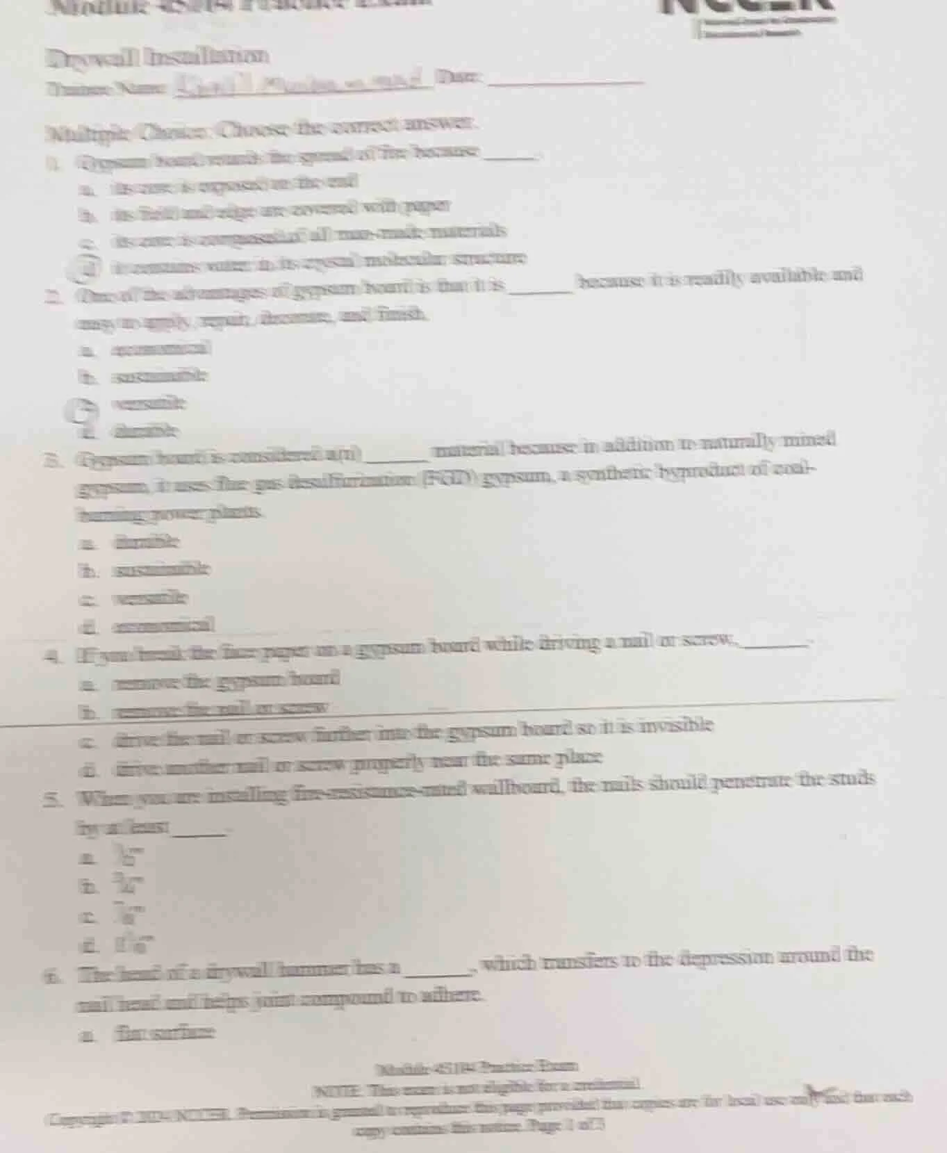 drywall installationtrainee name date:multiple choice: choose the corre…