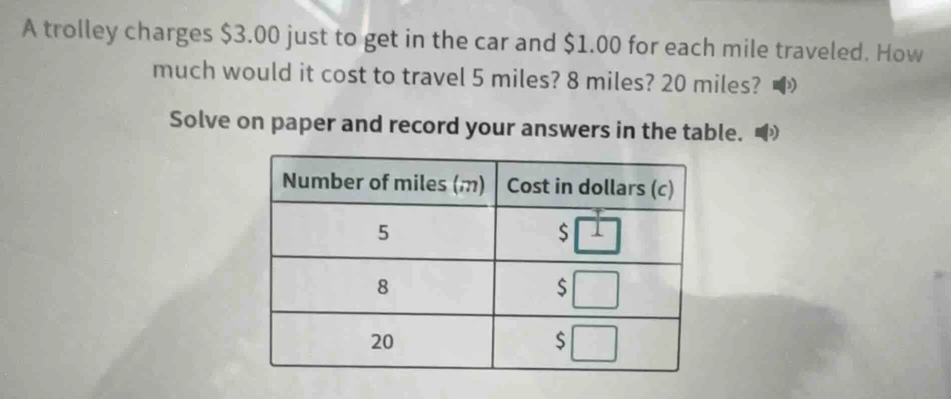a trolley charges $3.00 just to get in the car and $1.00 for each mile …