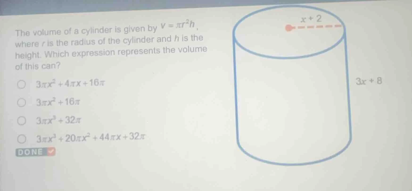 the volume of a cylinder is given by $v = \\pi r^{2}h$, where $r$ is th…