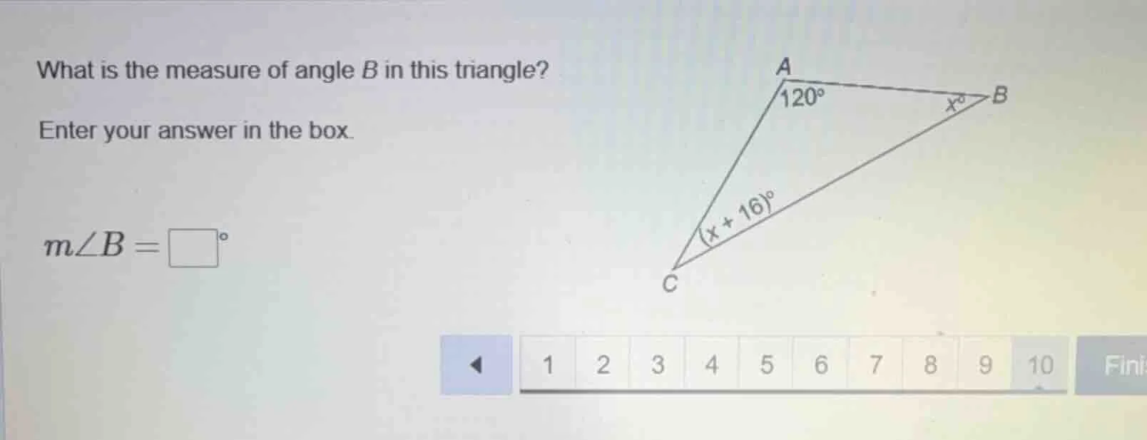 what is the measure of angle b in this triangle? enter your answer in t…