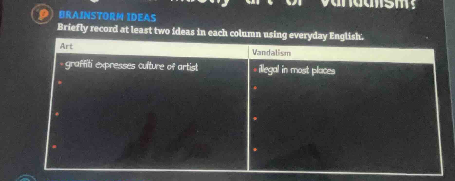 brainstorm ideas briefly record at least two ideas in each column using…