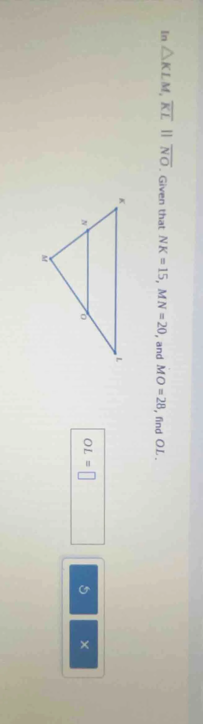in $\triangle klm$, $overline{kl} parallel overline{no}$. given that $n…