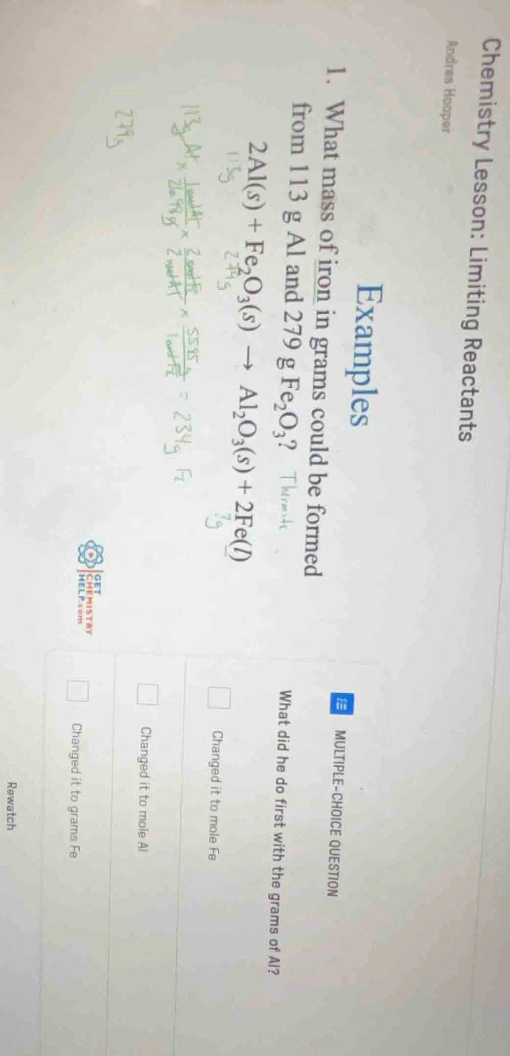 chemistry lesson: limiting reactants andres hooper examples 1. what mas…