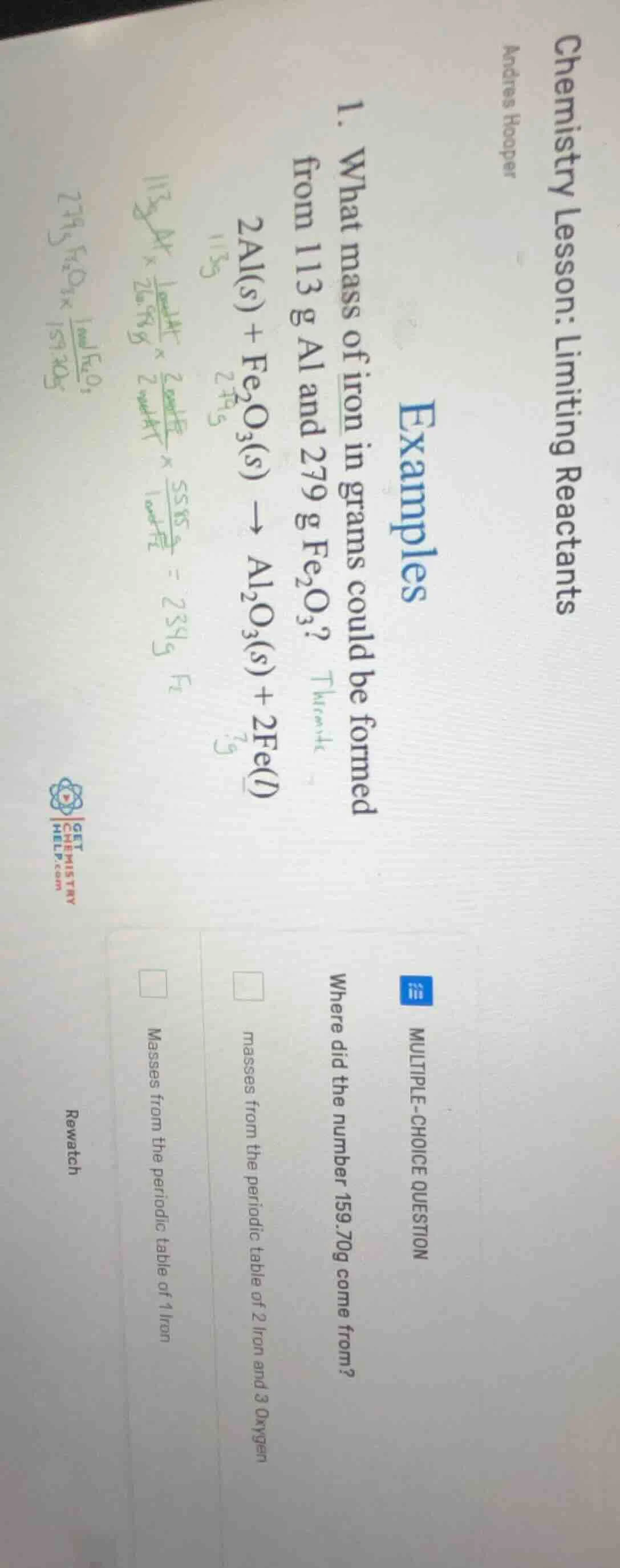 chemistry lesson: limiting reactants andres hooper examples 1. what mas…