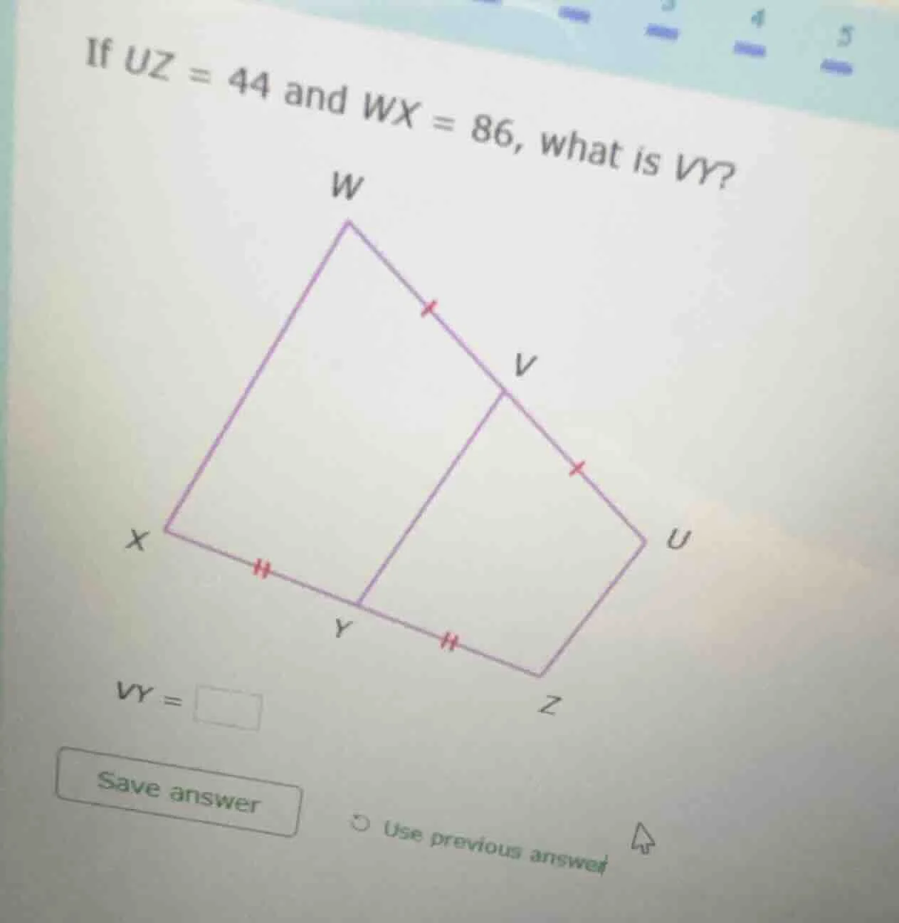 if $uz = 44$ and $wx = 86$, what is $vy$? $vy = \\square$ save answer u…
