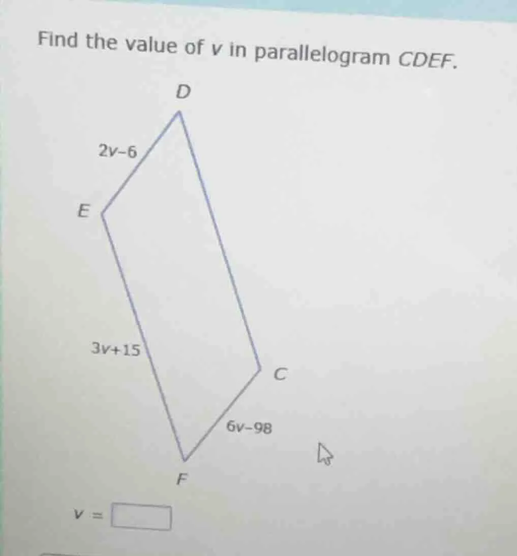 find the value of $v$ in parallelogram $cdef$. $2v-6$ $3v+15$ $6v-98$ $…
