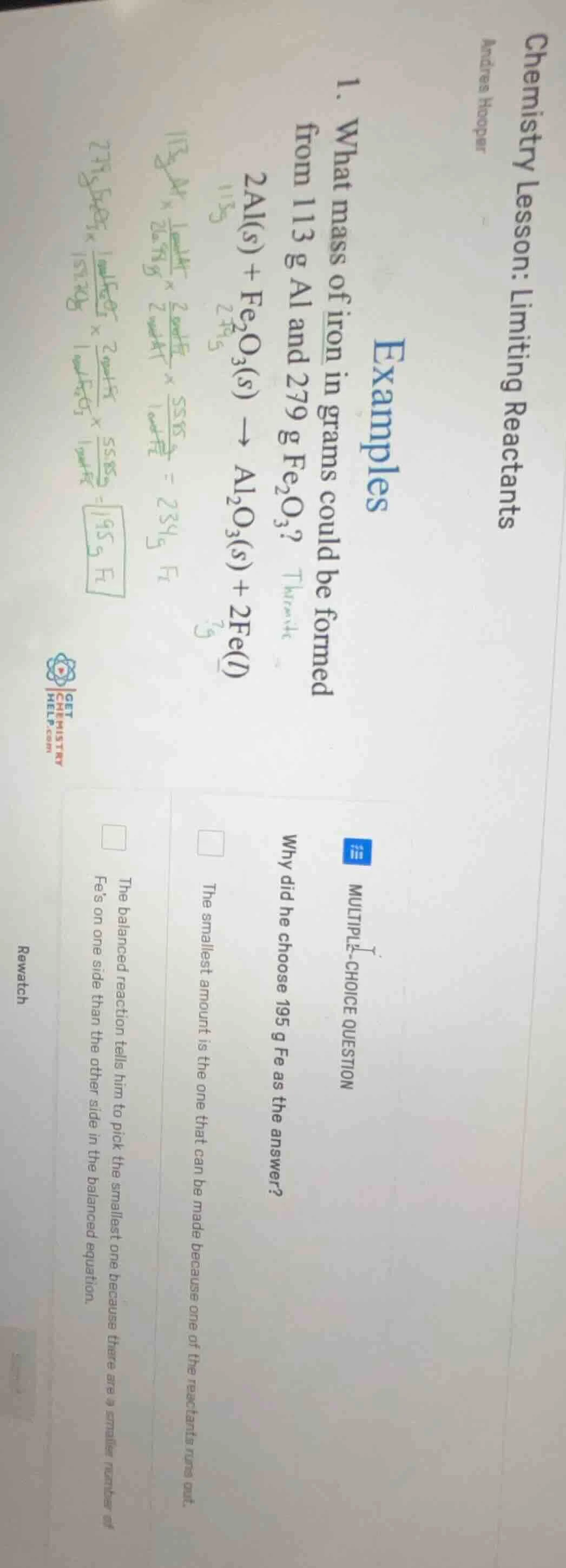 chemistry lesson: limiting reactants andres hooper examples 1. what mas…