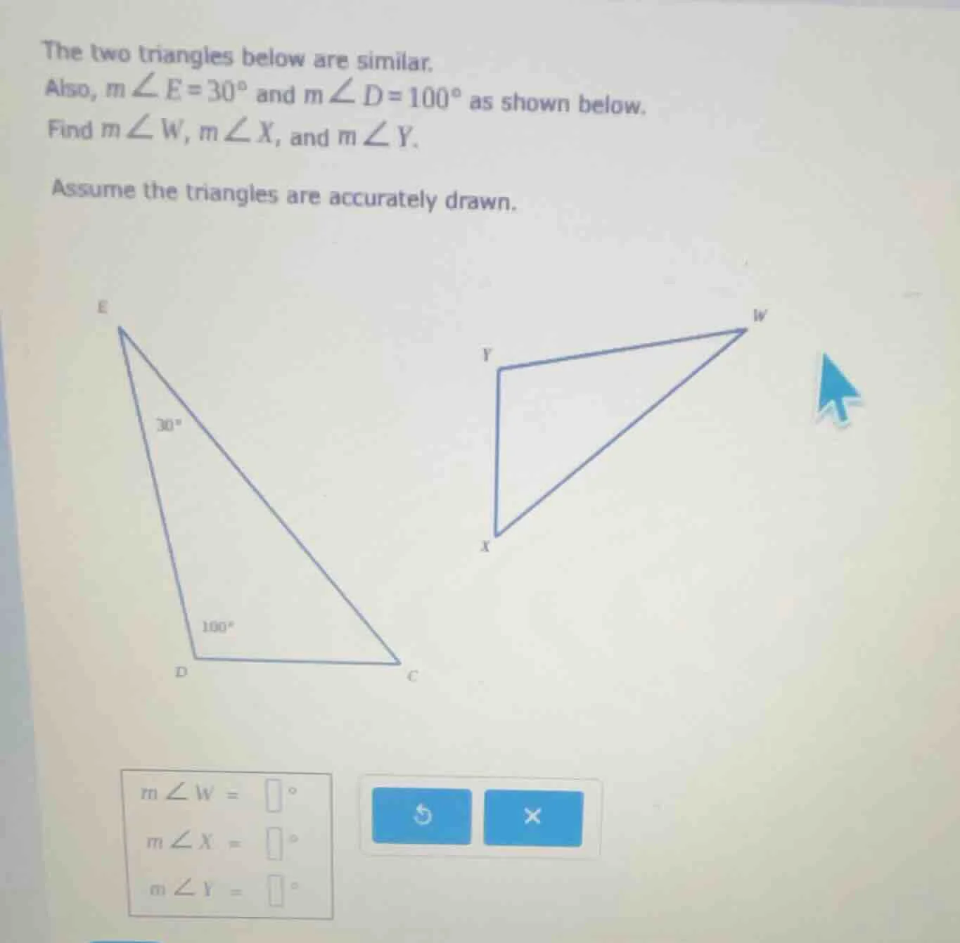 the two triangles below are similar. also, $m\\angle e=30^{\\circ}$ and…