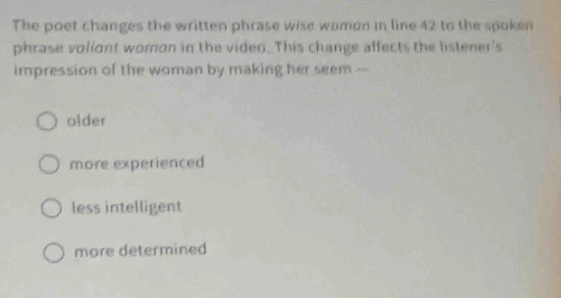 the poet changes the written phrase wise woman in line 42 to the spoken…