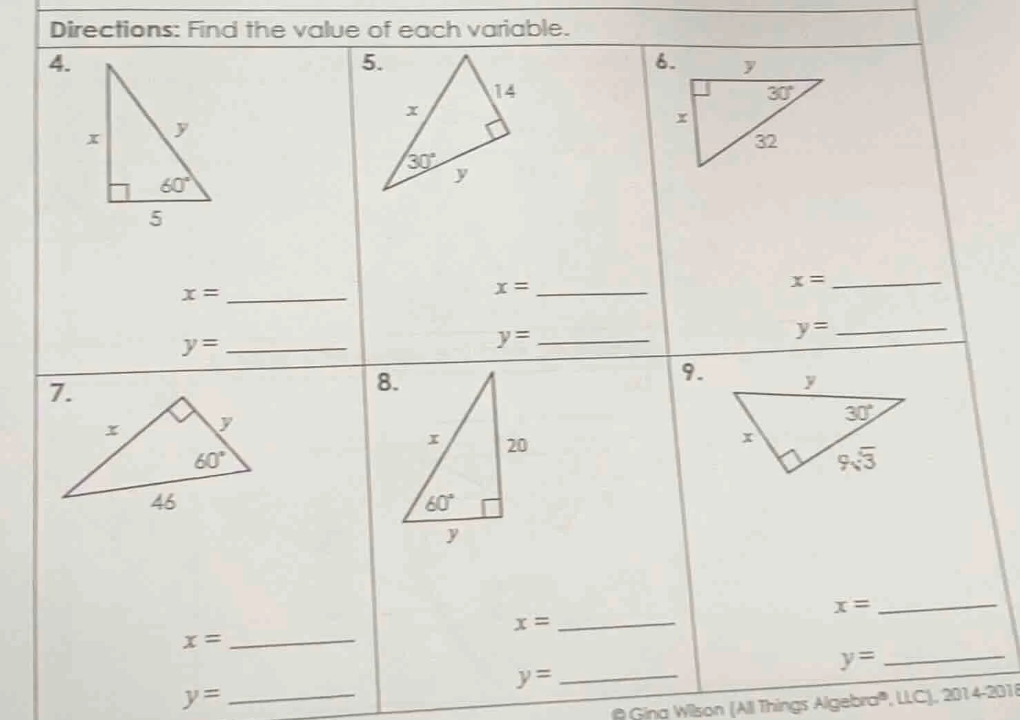 directions: find the value of each variable. 4. $x = \\underline{\\quad…
