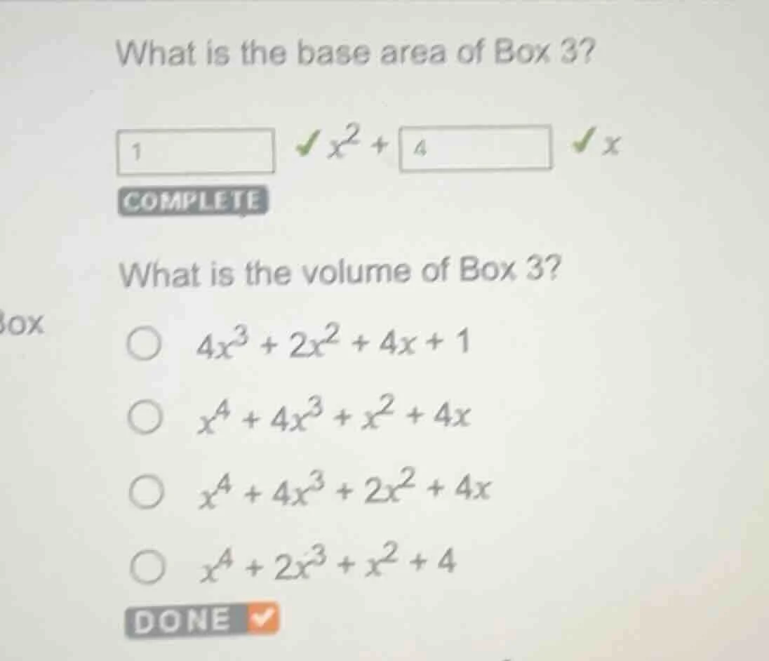 what is the base area of box 3? $x^2 + \\boxed{\\phantom{4}}x$ complete…