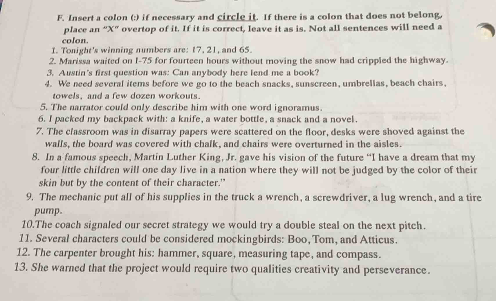 f. insert a colon (:) if necessary and circle it. if there is a colon t…