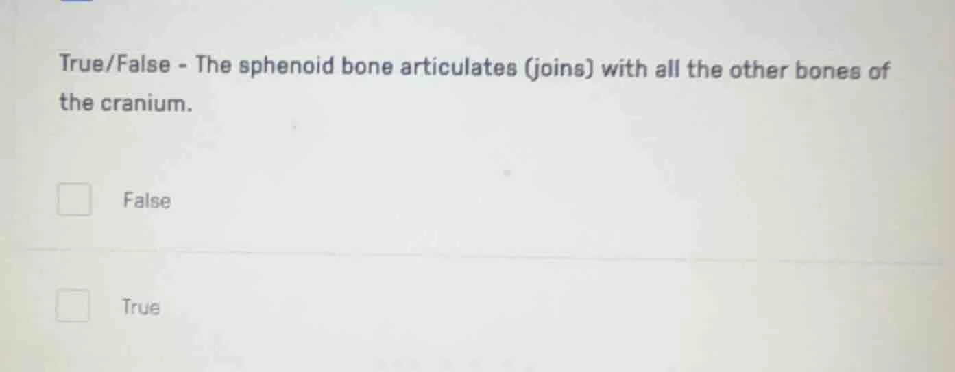 true/false - the sphenoid bone articulates (joins) with all the other b…