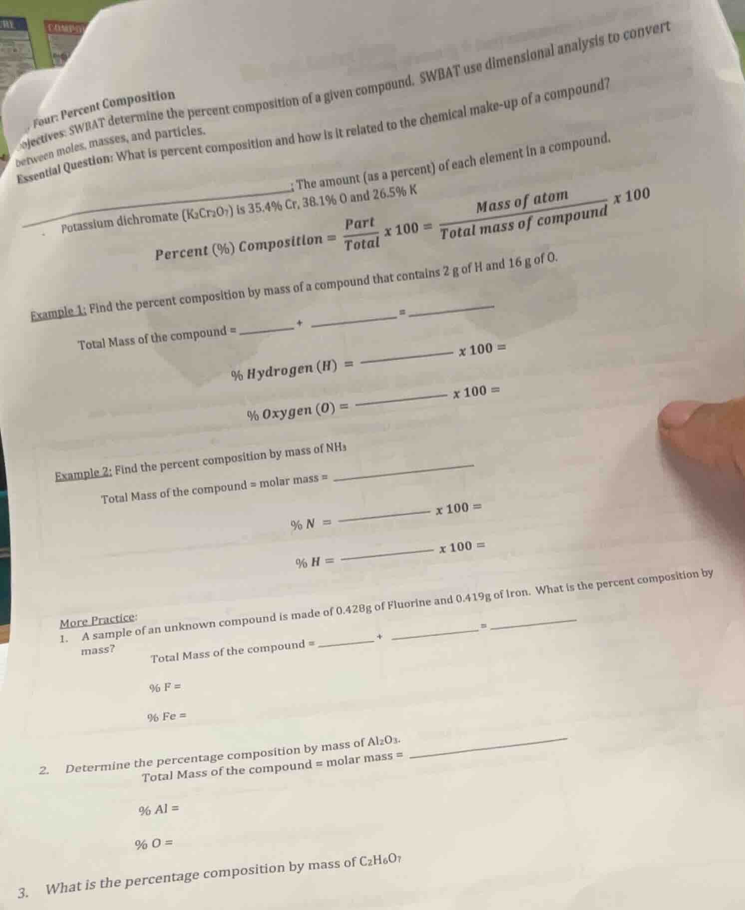 four: percent composition objectives: swbat determine the percent compo…