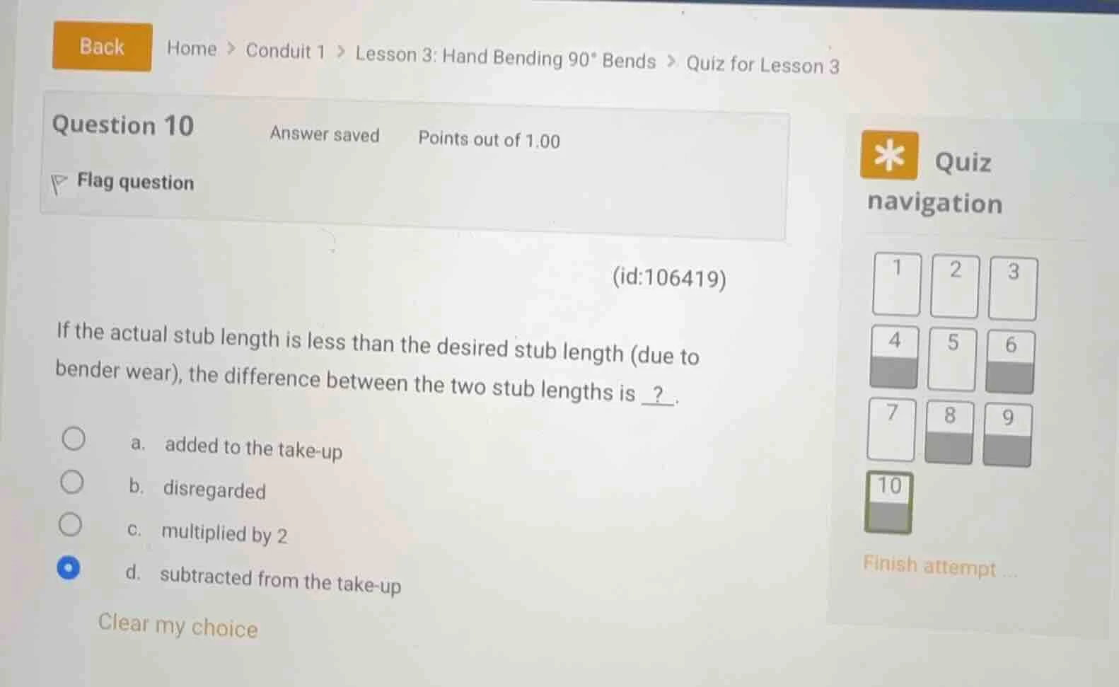 back home > conduit 1 > lesson 3: hand bending 90° bends > quiz for les…