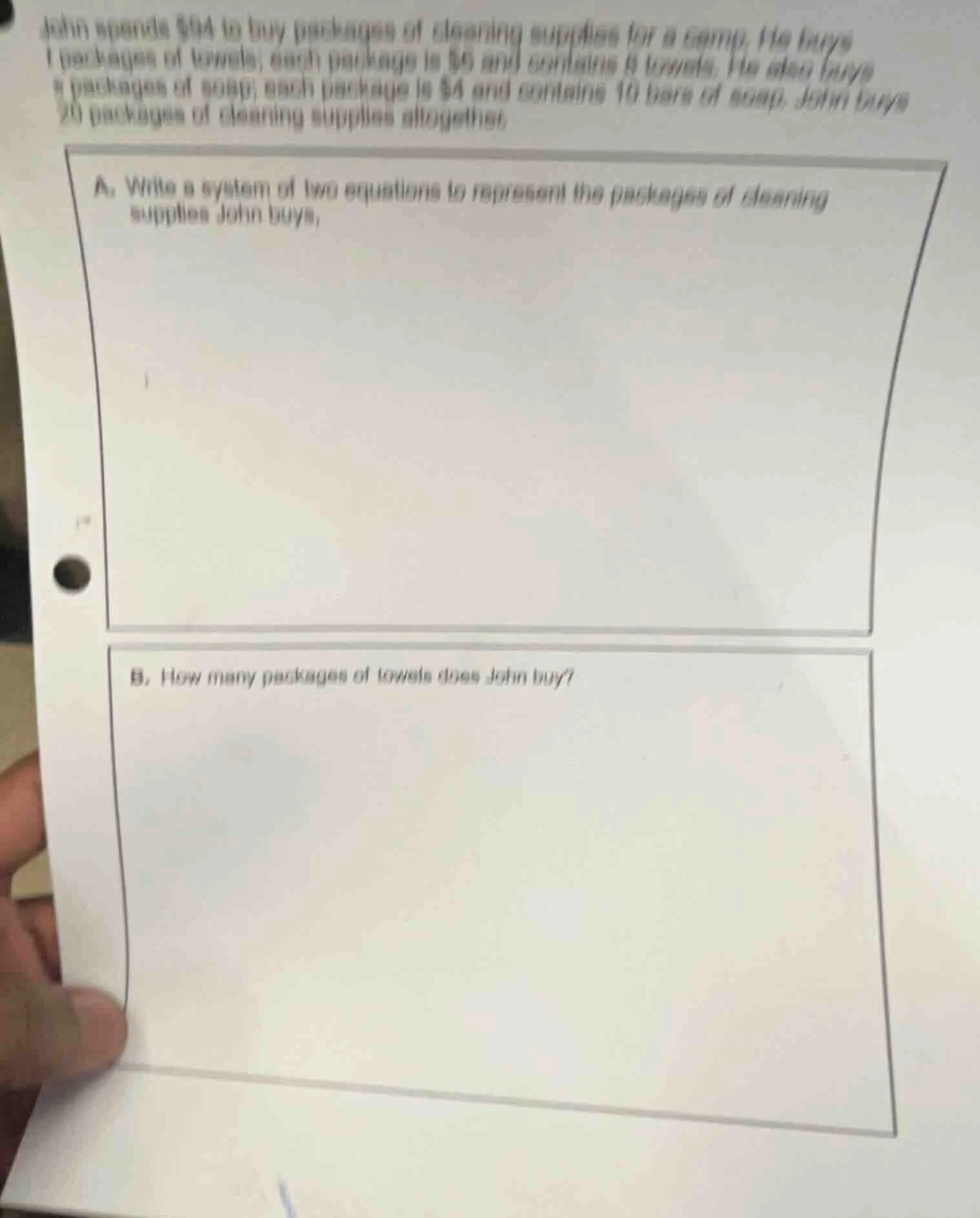 john spends $94 to buy packages of cleaning supplies for a camp. he buy…