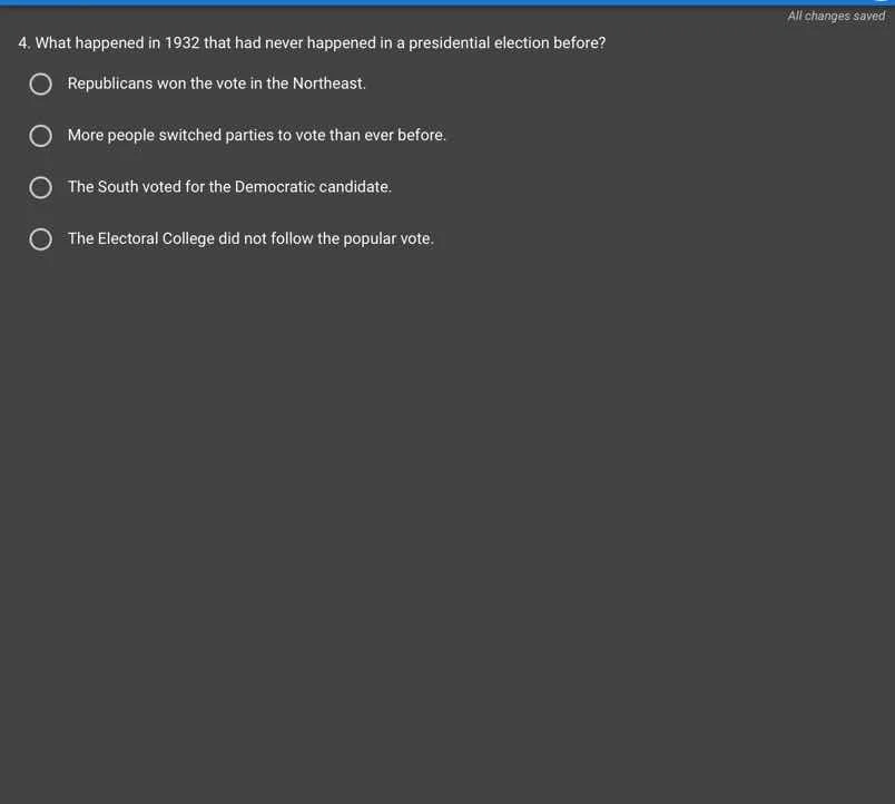 4. what happened in 1932 that had never happened in a presidential elec…