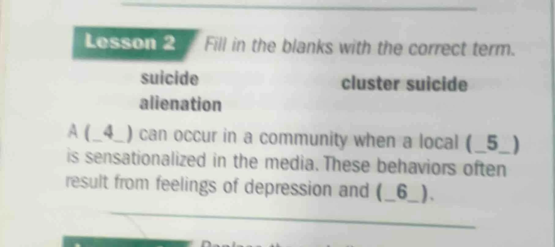 lesson 2 fill in the blanks with the correct term. suicide cluster suic…