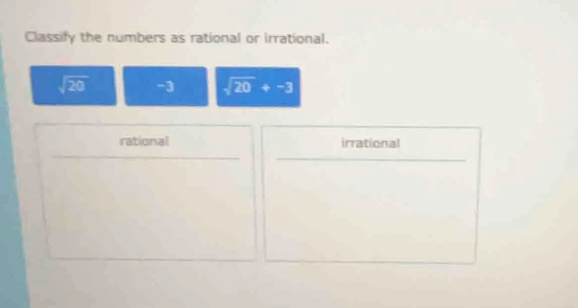 classify the numbers as rational or irrational. $sqrt{20}$, $-3$, $sqrt…