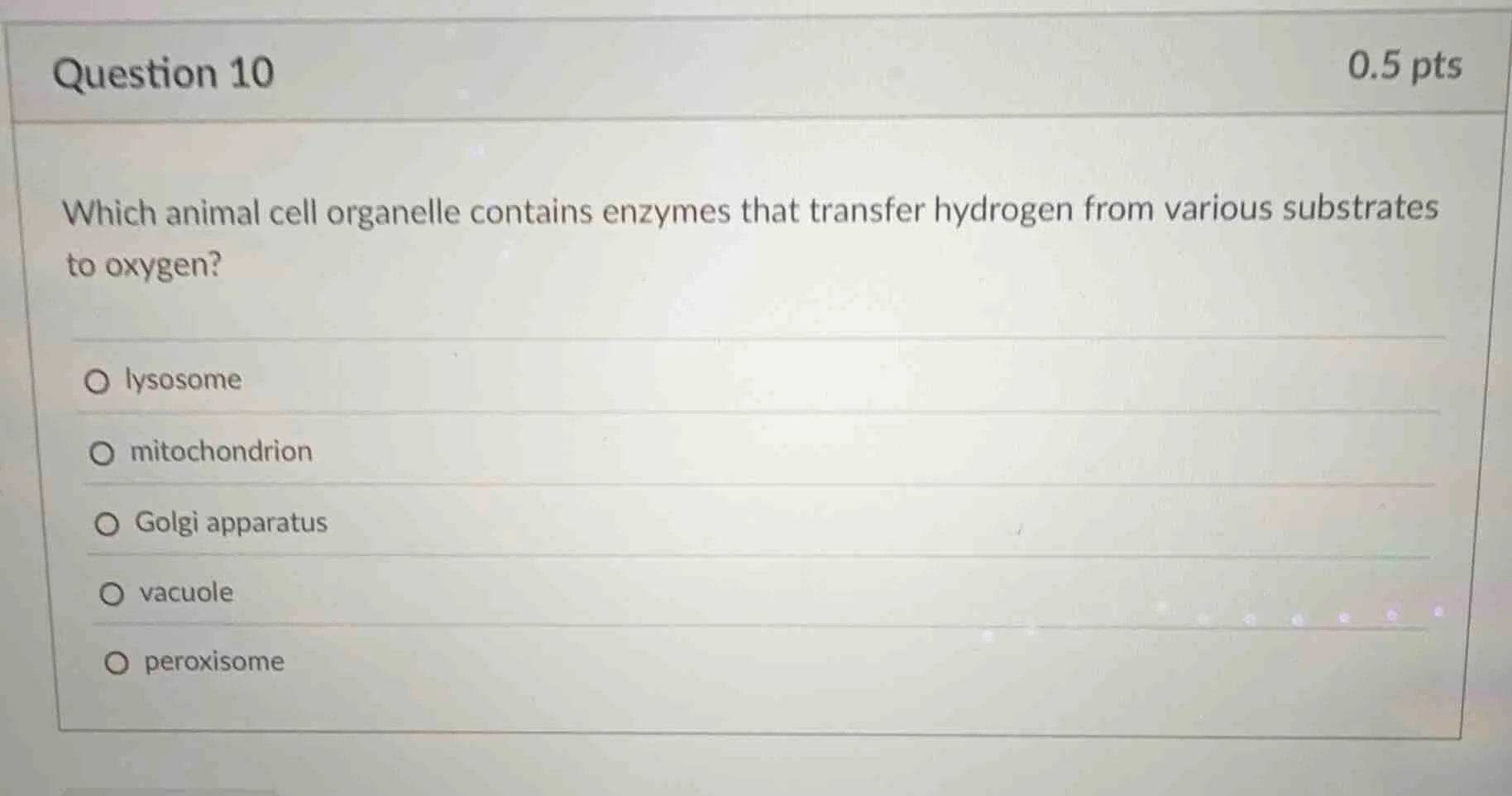 question 10 0.5 pts which animal cell organelle contains enzymes that t…