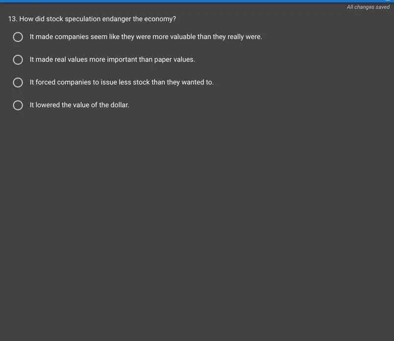 13. how did stock speculation endanger the economy?it made companies se…