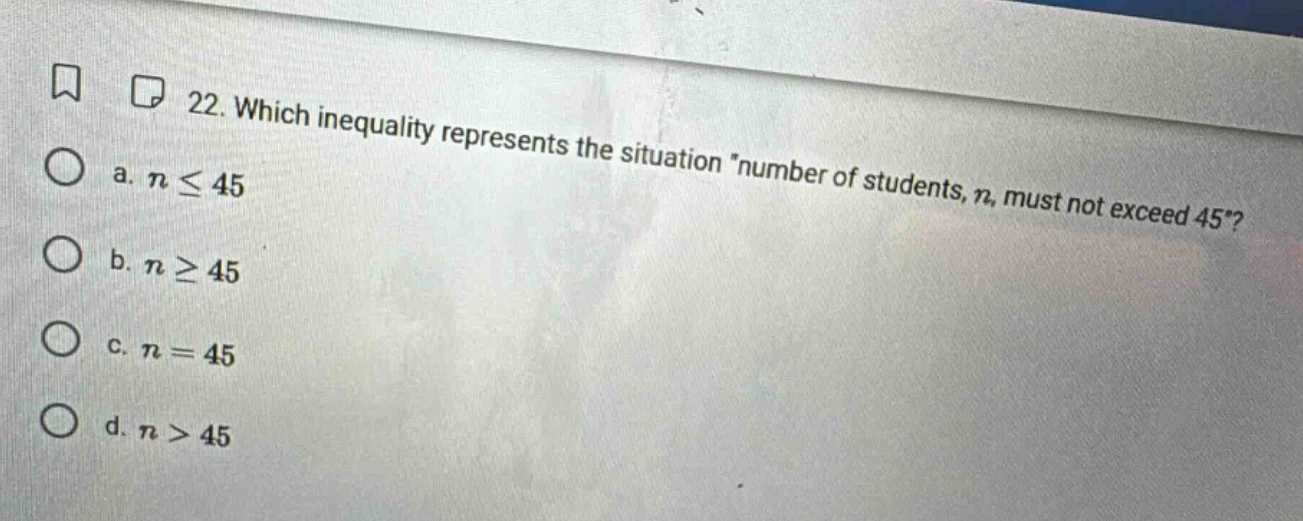 22. which inequality represents the situation number of students, $n$, …