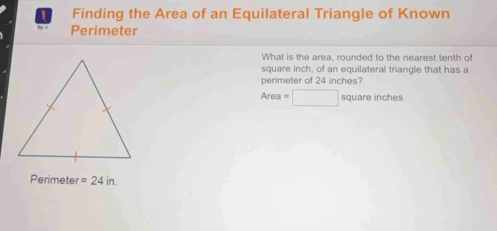 finding the area of an equilateral triangle of known perimeter what is …