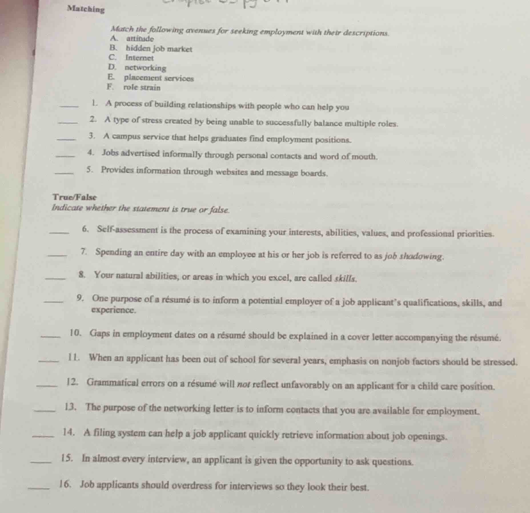 matching match the following avenues for seeking employment with their …