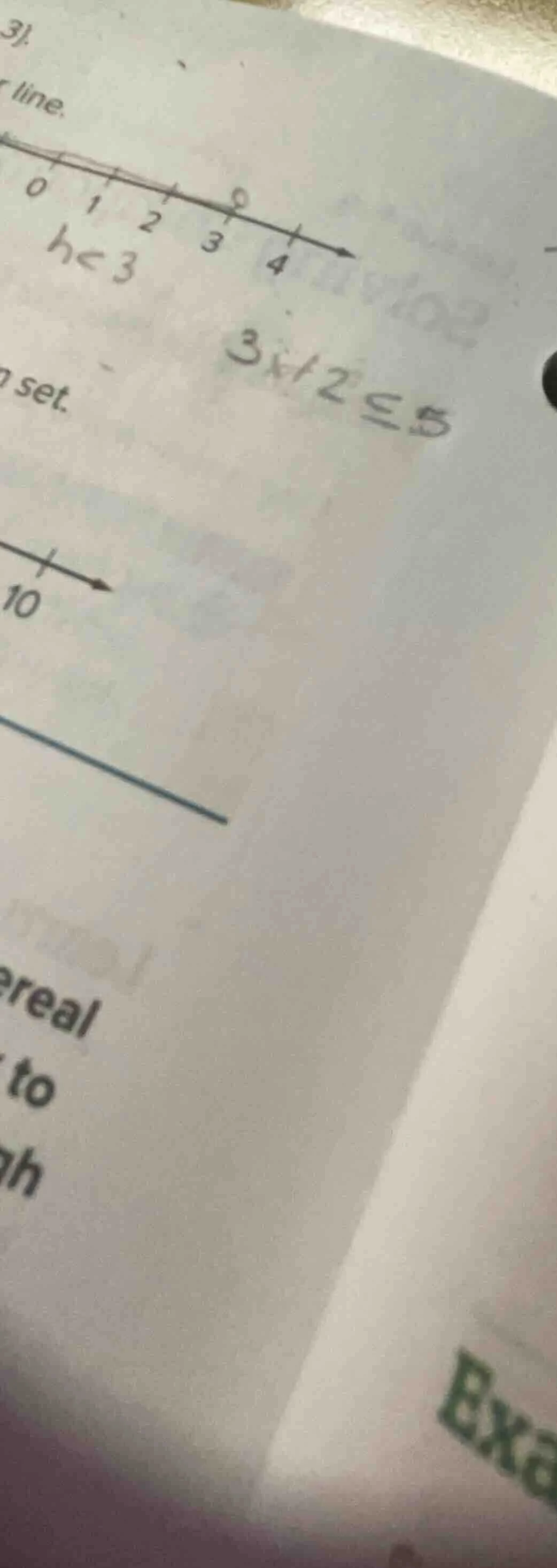 3). line. $h<3$ $3x+2\\leq5$ set. 10 eral to h